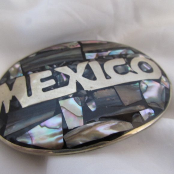 Vintage MEXICO Alpaca Silver Abalone Belt Buckle - Picture 2 of 5